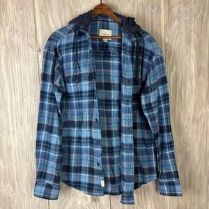 American Eagle Flannel Hoodie Plaid Removeable Hood Shirt‎ Sz XS Blue Grunge Y2K